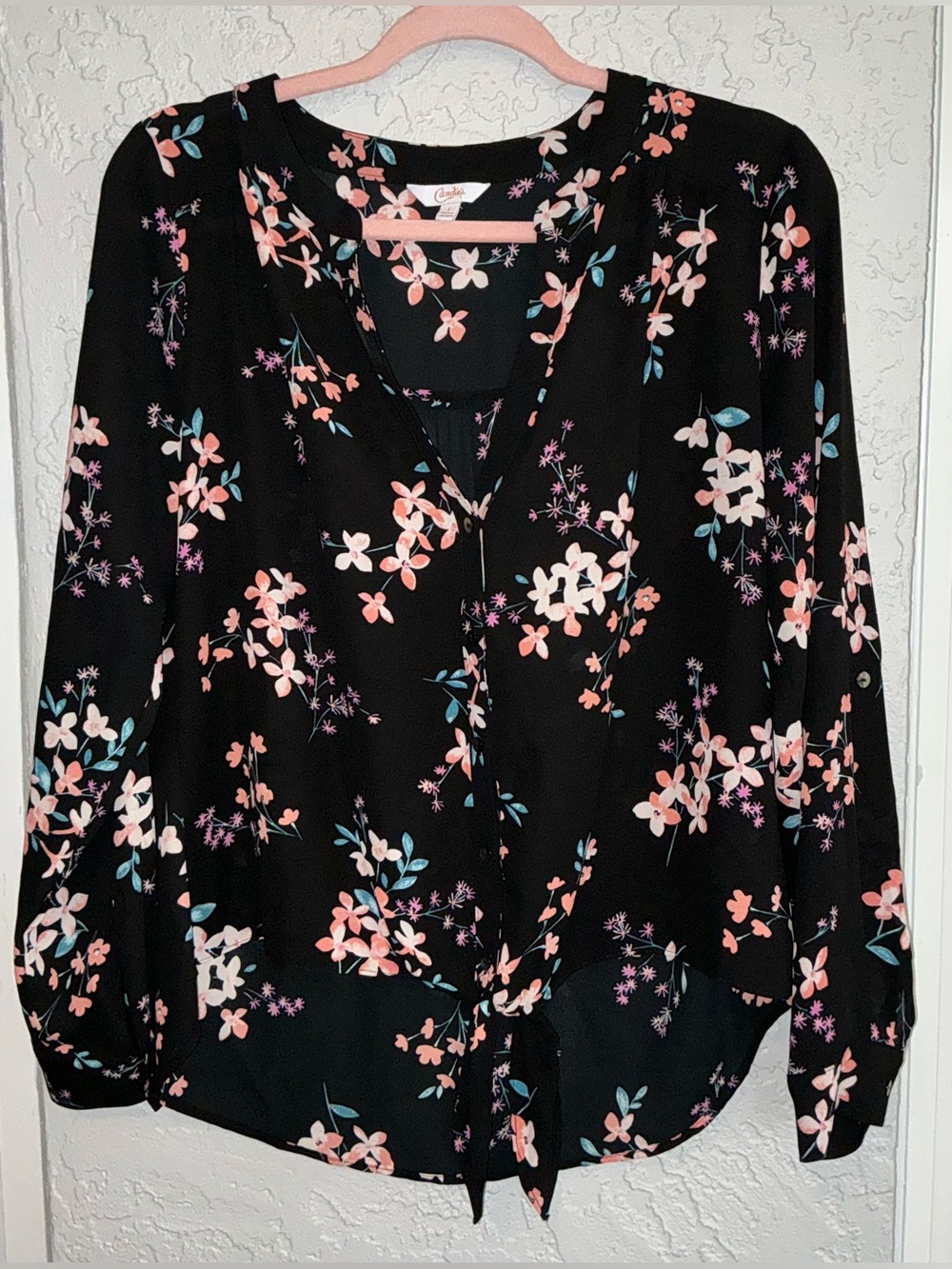 Candie's Black Floral Tie-Front Blouse with Pink and  Teal Accents